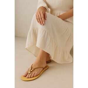 Tory Burch Women Leather Thong Sandals Gold Logo Beads Tan Flat Flip Flop Sze10M